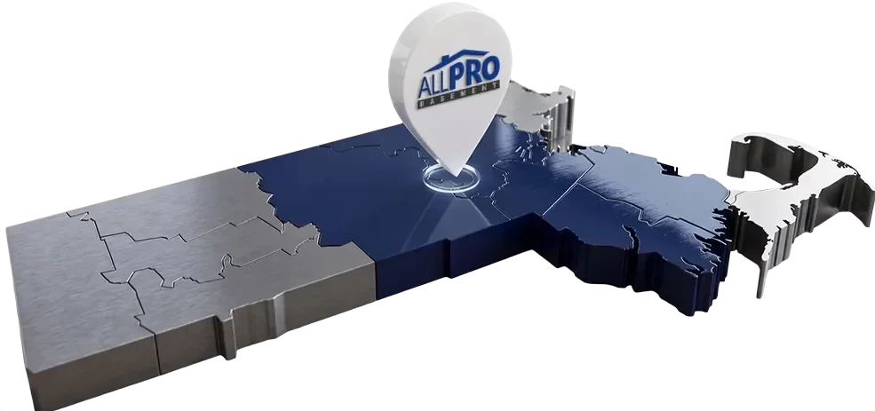 A 3D isometric map of Massachusetts highlighting the central and eastern service area in dark blue. A white map pin with the All Pro Basement logo marks the Ashland headquarters, visually representing coverage across Middlesex, Norfolk, and Worcester Counties.