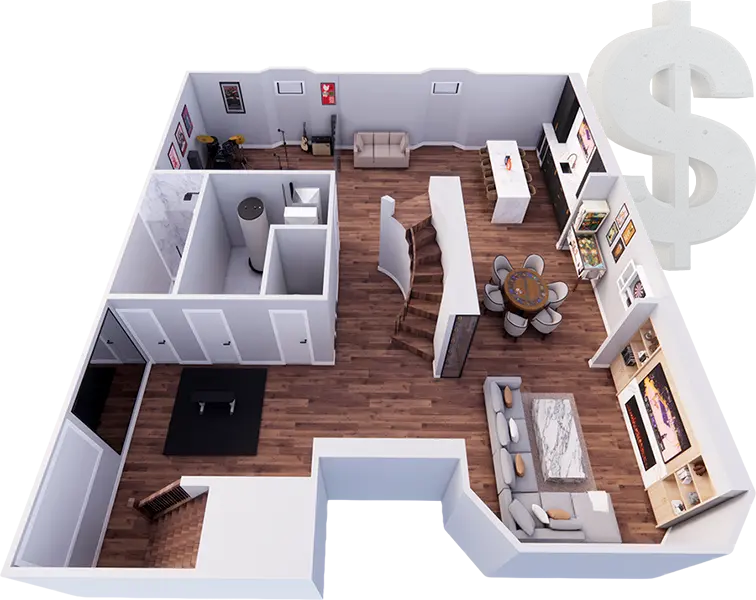 3D floor plan of a fully finished basement alongside a dollar sign symbol, representing transparent and engineered basement waterproofing costs in Massachusetts by All Pro Basement.