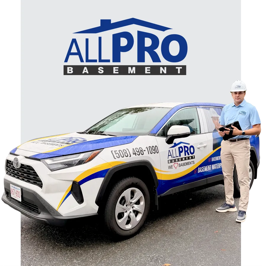 Diego Tameirao, owner of All Pro Basement Waterproofing, standing next to the company fleet vehicle in Massachusetts, demonstrating hands-on leadership and local expertise.