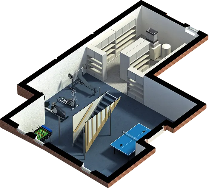 3D layout of a fully finished basement featuring a home gym, game room, and organized storage, demonstrating how Massachusetts homeowners can reclaim their lower level with All Pro Basement.